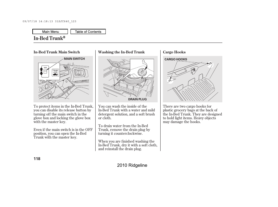 In-bed trunk | HONDA 2010 Ridgeline User Manual | Page 122 / 423