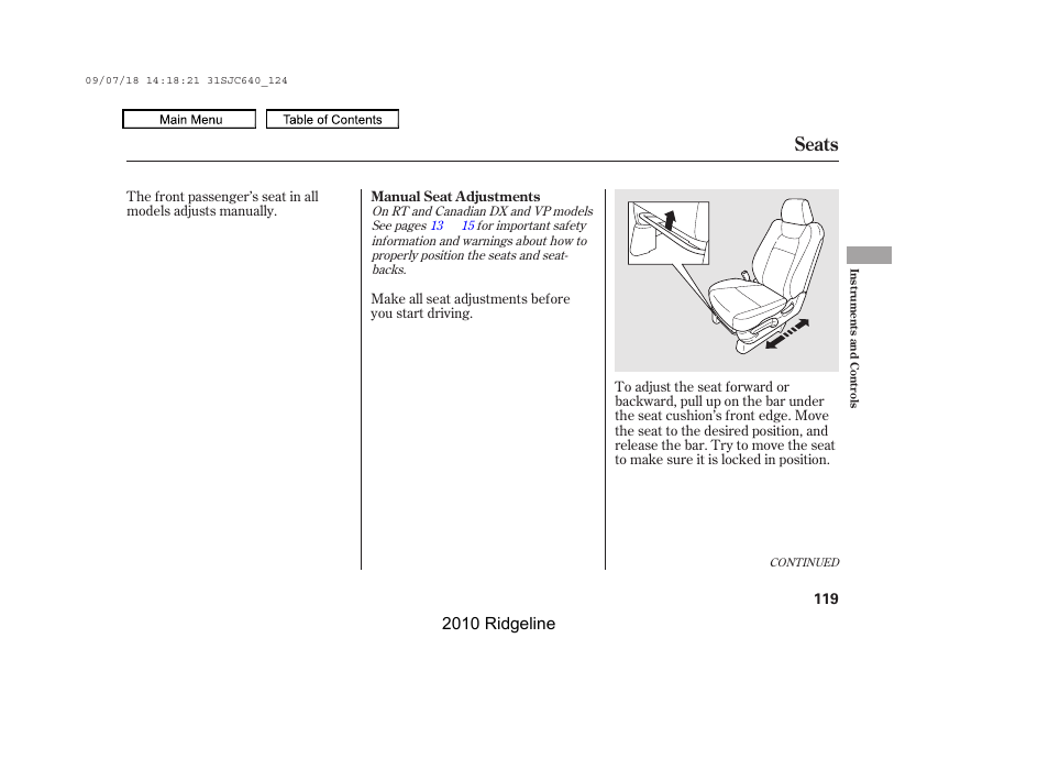 Seats, 2010 ridgeline | HONDA 2010 Ridgeline User Manual | Page 123 / 423