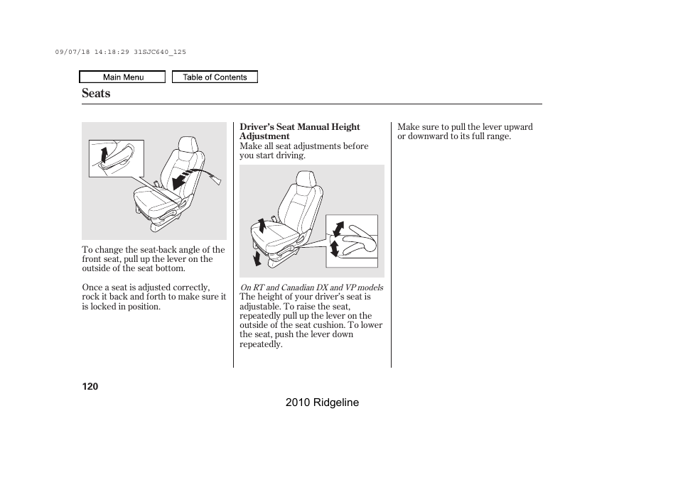 Seats | HONDA 2010 Ridgeline User Manual | Page 124 / 423