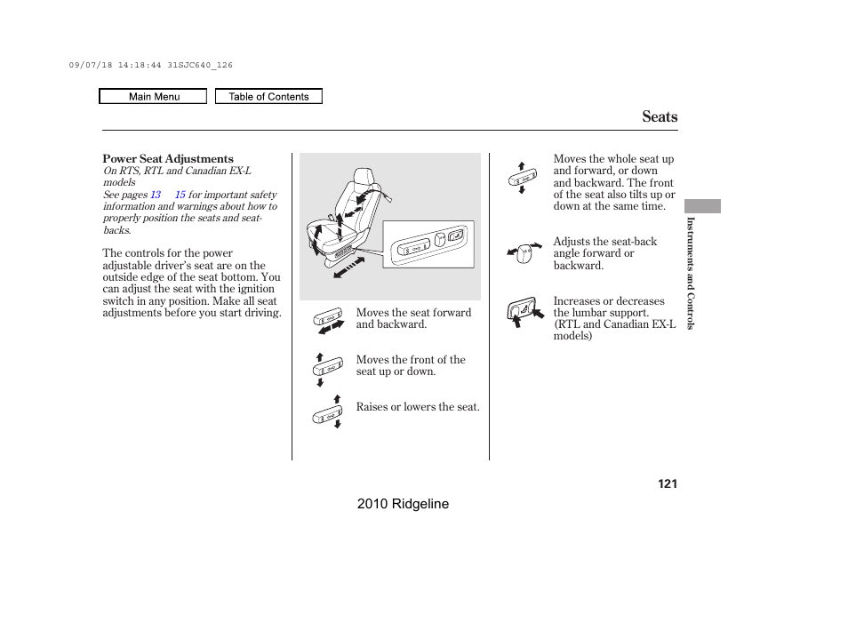 Seats, 2010 ridgeline | HONDA 2010 Ridgeline User Manual | Page 125 / 423