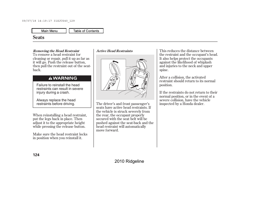 Seats | HONDA 2010 Ridgeline User Manual | Page 128 / 423