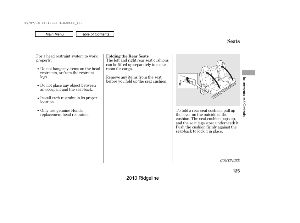 Seats, 2010 ridgeline | HONDA 2010 Ridgeline User Manual | Page 129 / 423