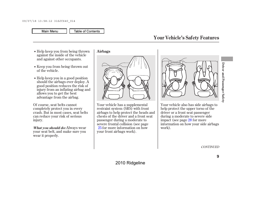 Your vehicle’s safety features | HONDA 2010 Ridgeline User Manual | Page 13 / 423