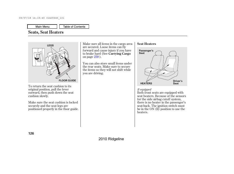 Seats, seat heaters | HONDA 2010 Ridgeline User Manual | Page 130 / 423