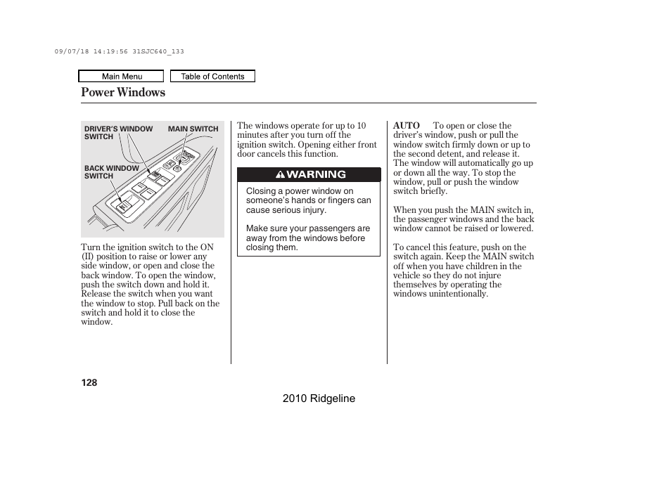 Power windows | HONDA 2010 Ridgeline User Manual | Page 132 / 423