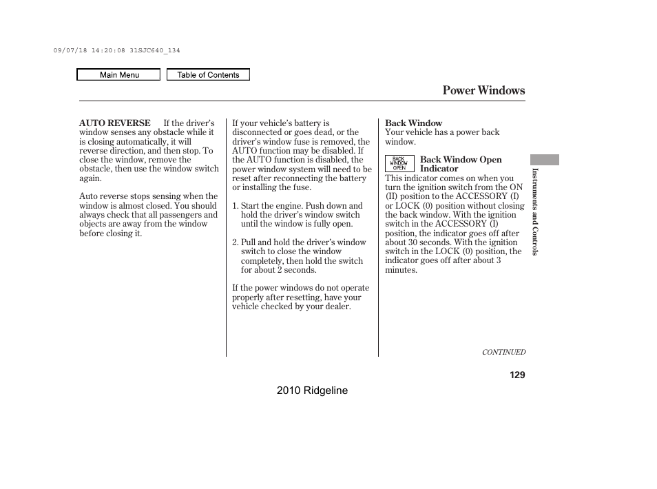 Power windows, 2010 ridgeline | HONDA 2010 Ridgeline User Manual | Page 133 / 423