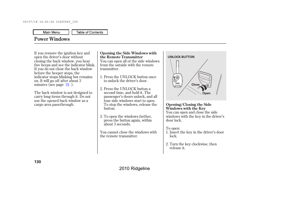 Power windows | HONDA 2010 Ridgeline User Manual | Page 134 / 423