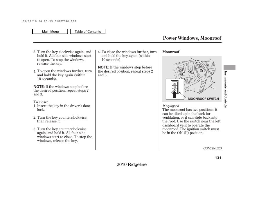 Power windows, moonroof, 2010 ridgeline | HONDA 2010 Ridgeline User Manual | Page 135 / 423