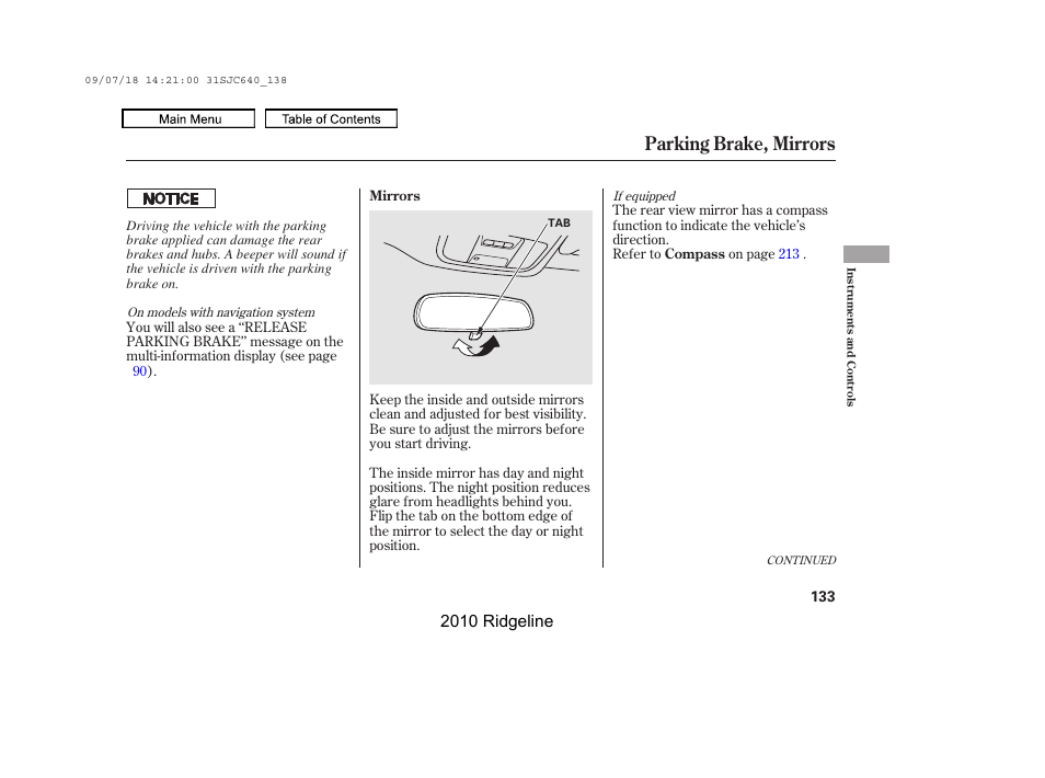 Parking brake, mirrors, 2010 ridgeline | HONDA 2010 Ridgeline User Manual | Page 137 / 423