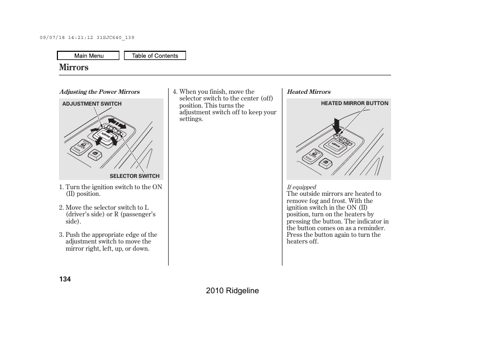 Mirrors | HONDA 2010 Ridgeline User Manual | Page 138 / 423