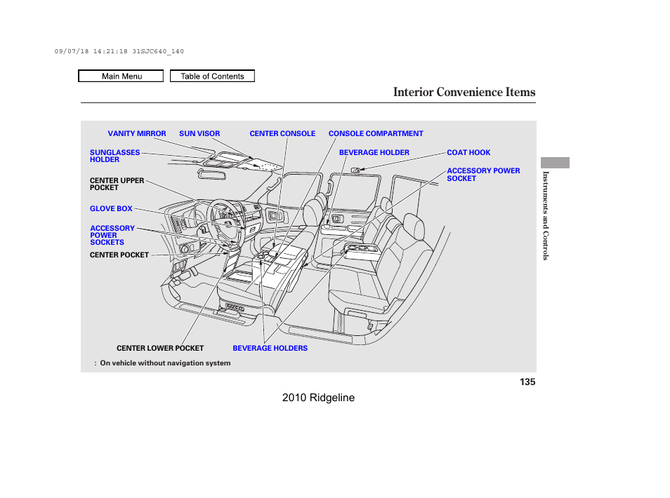 Interior convenience items, 2010 ridgeline | HONDA 2010 Ridgeline User Manual | Page 139 / 423