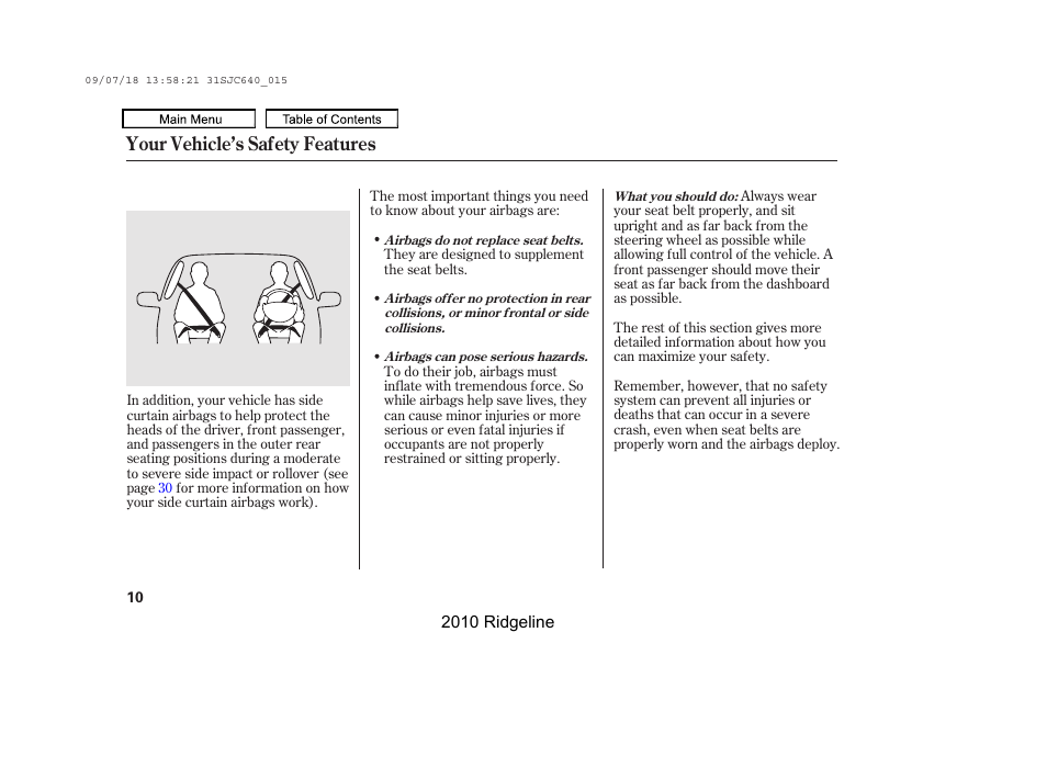 Your vehicle’s safety features | HONDA 2010 Ridgeline User Manual | Page 14 / 423