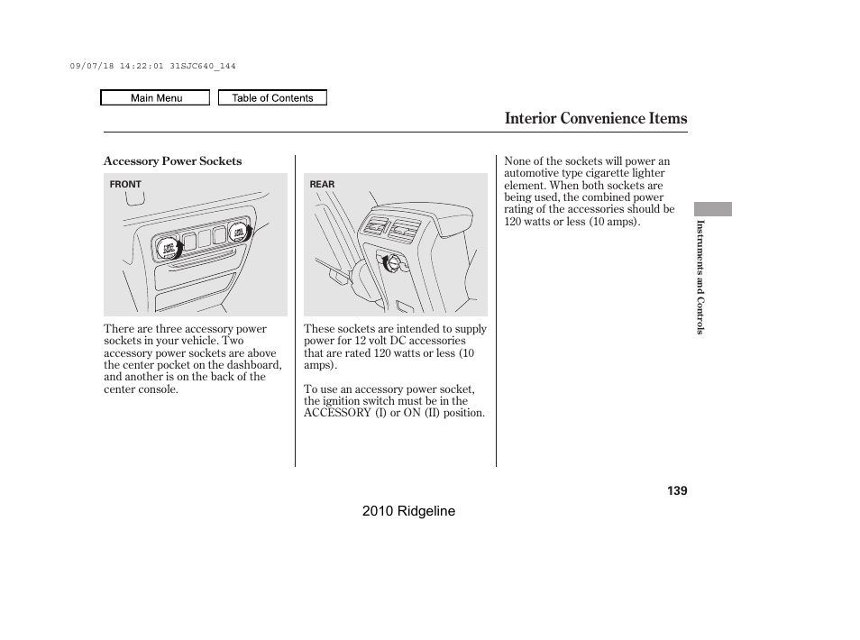 Accessory power socket, Accessory power sockets, Interior convenience items | 2010 ridgeline | HONDA 2010 Ridgeline User Manual | Page 143 / 423