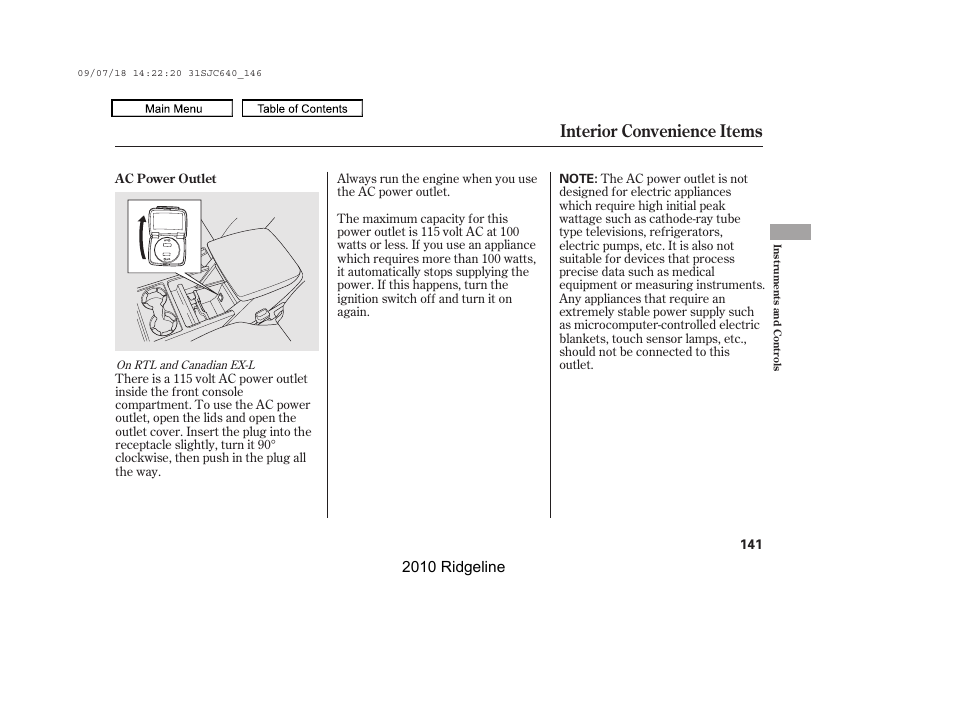 Interior convenience items, 2010 ridgeline | HONDA 2010 Ridgeline User Manual | Page 145 / 423