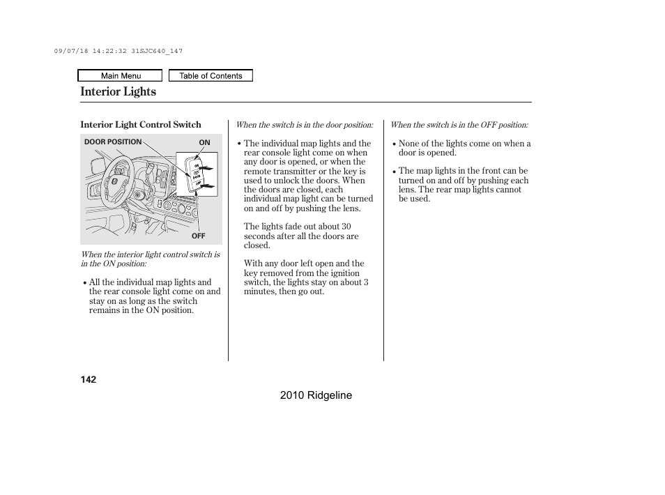 Interior lights | HONDA 2010 Ridgeline User Manual | Page 146 / 423