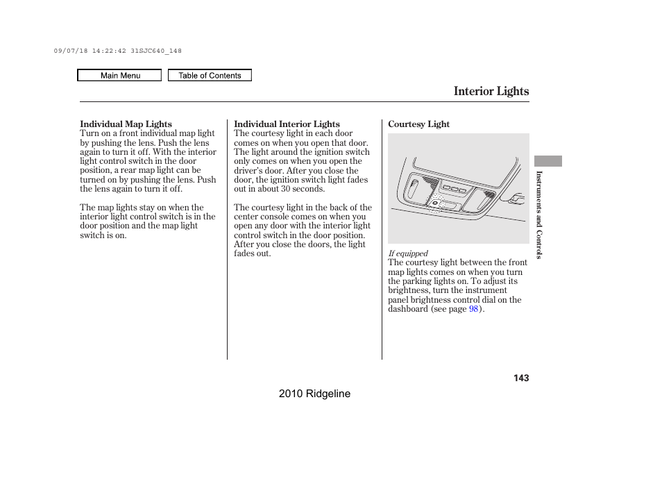 Interior lights, 2010 ridgeline | HONDA 2010 Ridgeline User Manual | Page 147 / 423