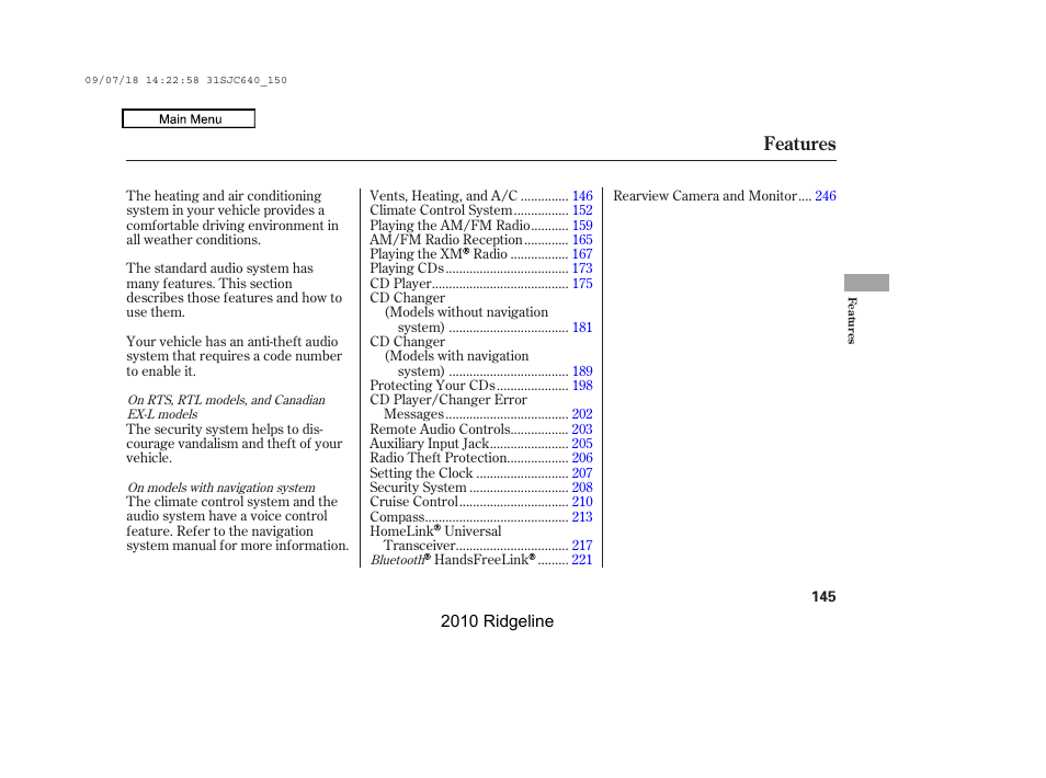 Features | HONDA 2010 Ridgeline User Manual | Page 149 / 423