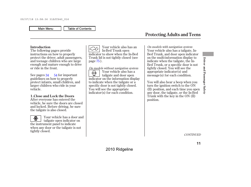 Protecting adults and teens | HONDA 2010 Ridgeline User Manual | Page 15 / 423