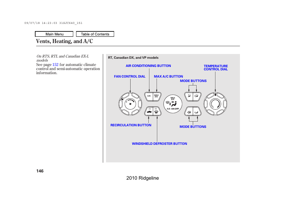 Vents, heating, and a/c, 2010 ridgeline | HONDA 2010 Ridgeline User Manual | Page 150 / 423