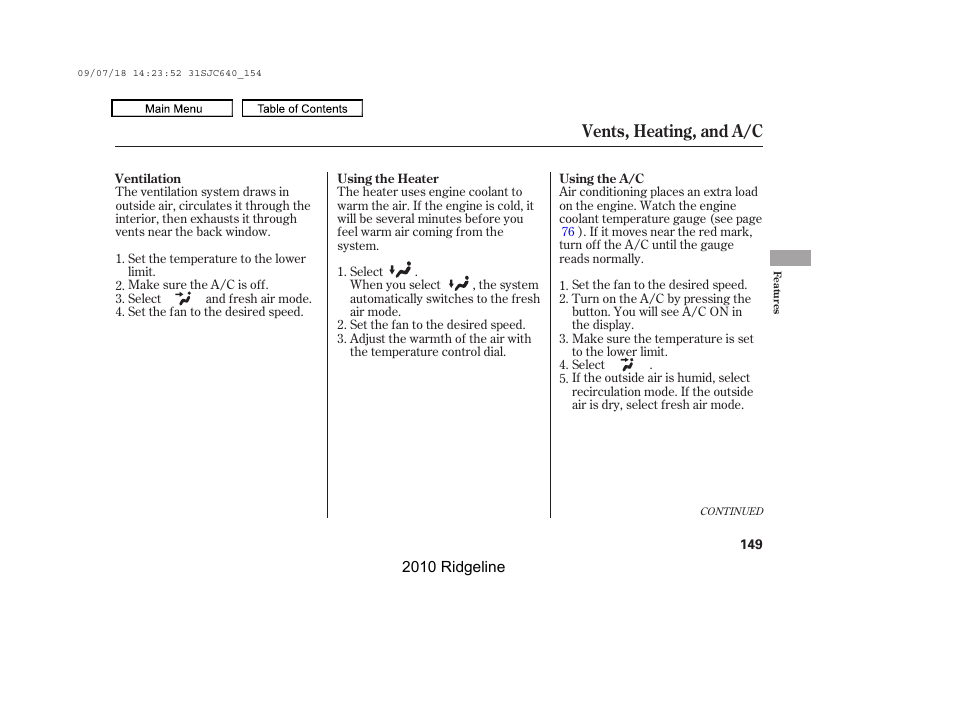 Vents, heating, and a/c | HONDA 2010 Ridgeline User Manual | Page 153 / 423