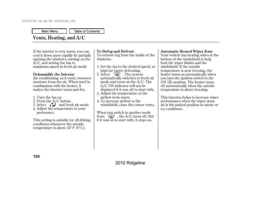 Vents, heating, and a/c | HONDA 2010 Ridgeline User Manual | Page 154 / 423