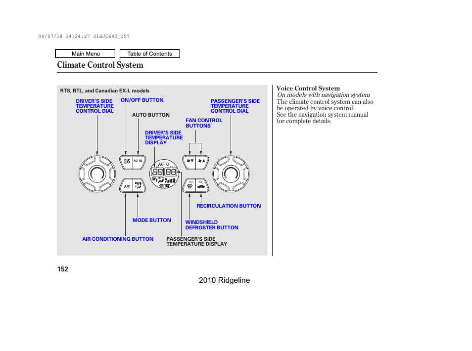 Climate control system, 2010 ridgeline | HONDA 2010 Ridgeline User Manual | Page 156 / 423