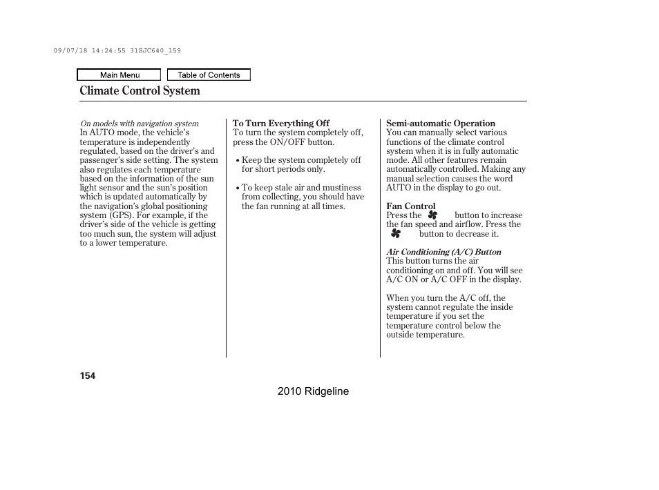 On/off button, Air conditioning button, Fan control buttons | Climate control system | HONDA 2010 Ridgeline User Manual | Page 158 / 423