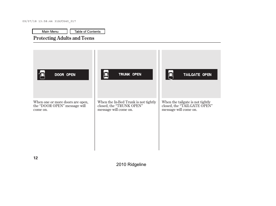 Protecting adults and teens | HONDA 2010 Ridgeline User Manual | Page 16 / 423