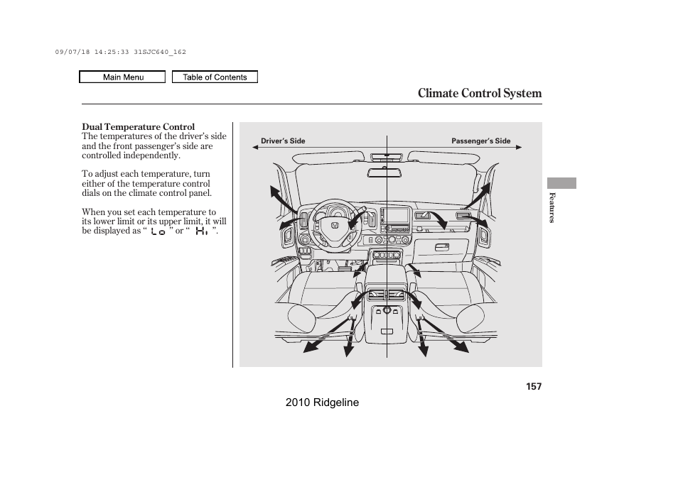 Climate control system | HONDA 2010 Ridgeline User Manual | Page 161 / 423