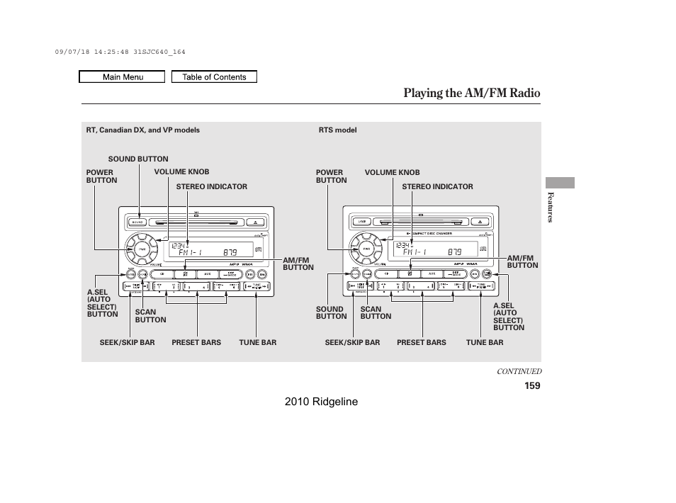 Playing the am/fm radio, 2010 ridgeline | HONDA 2010 Ridgeline User Manual | Page 163 / 423