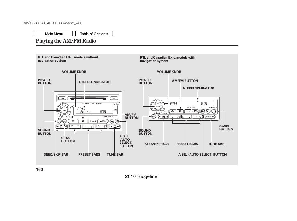 Playing the am/fm radio, 2010 ridgeline | HONDA 2010 Ridgeline User Manual | Page 164 / 423