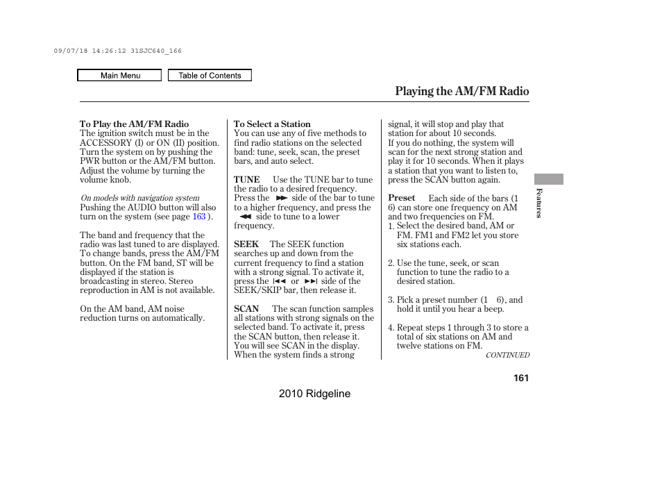 Playing the am/fm radio | HONDA 2010 Ridgeline User Manual | Page 165 / 423