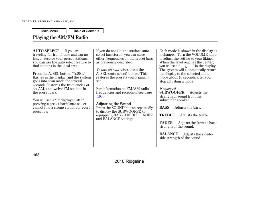 Playing the am/fm radio | HONDA 2010 Ridgeline User Manual | Page 166 / 423