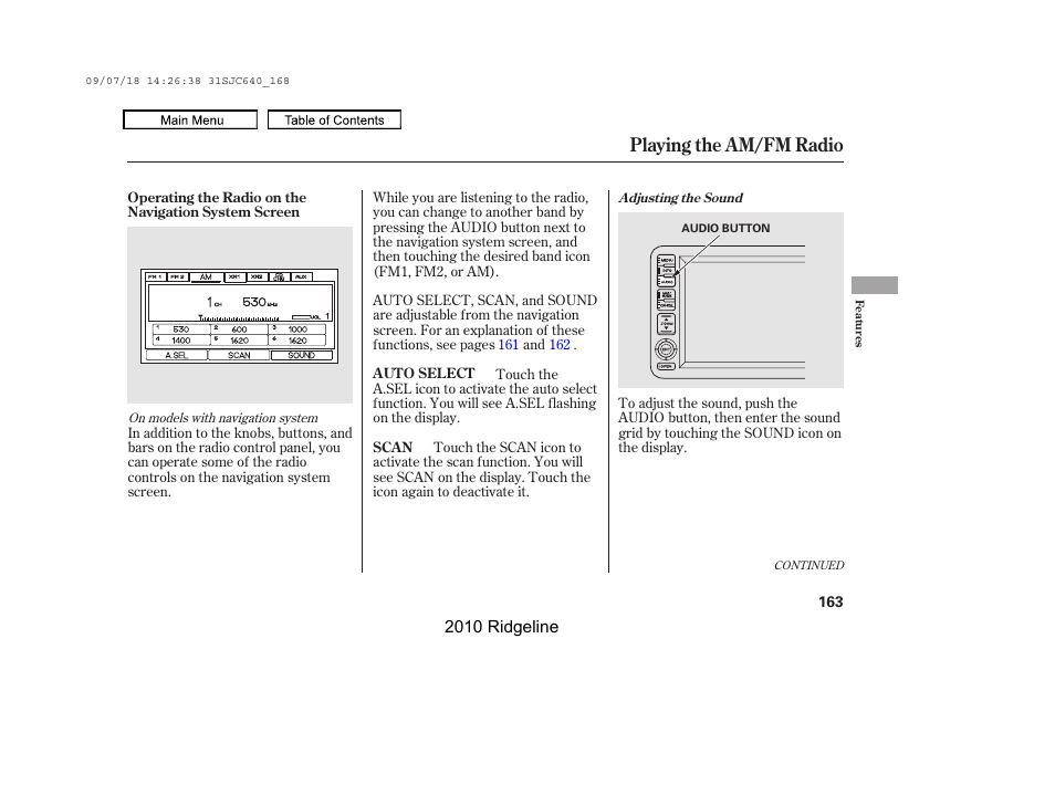 Playing the am/fm radio | HONDA 2010 Ridgeline User Manual | Page 167 / 423