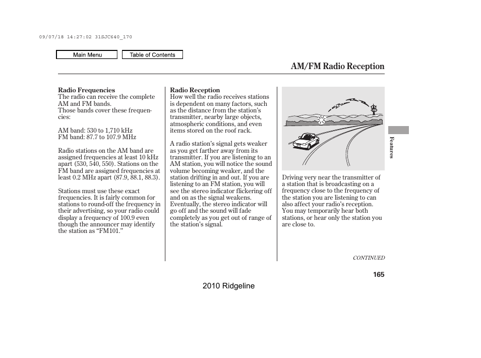 Am/fm radio reception | HONDA 2010 Ridgeline User Manual | Page 169 / 423