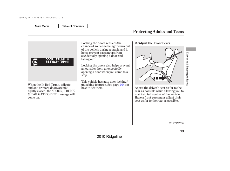 Protecting adults and teens | HONDA 2010 Ridgeline User Manual | Page 17 / 423