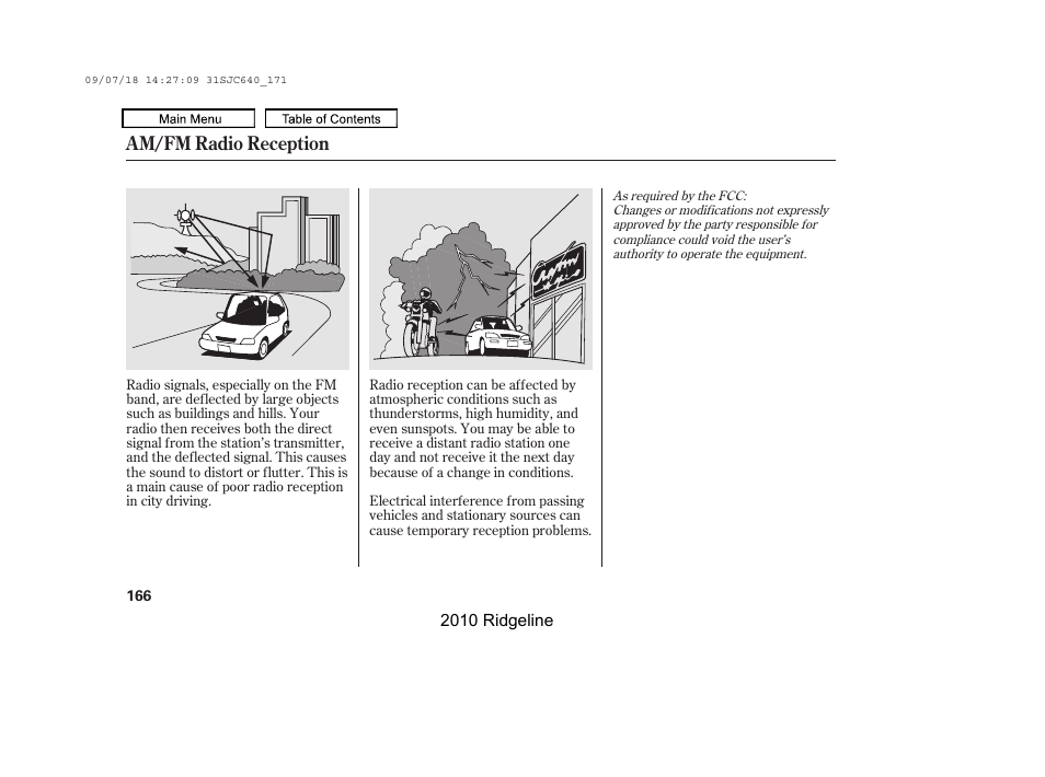 Am/fm radio reception | HONDA 2010 Ridgeline User Manual | Page 170 / 423