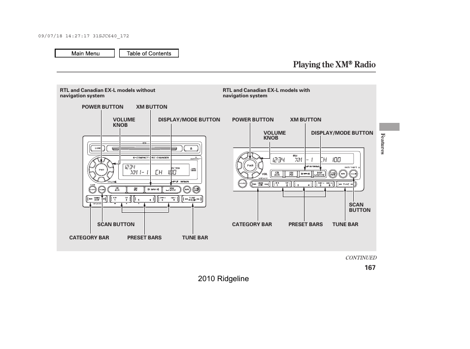 Playing the xm radio, 2010 ridgeline | HONDA 2010 Ridgeline User Manual | Page 171 / 423