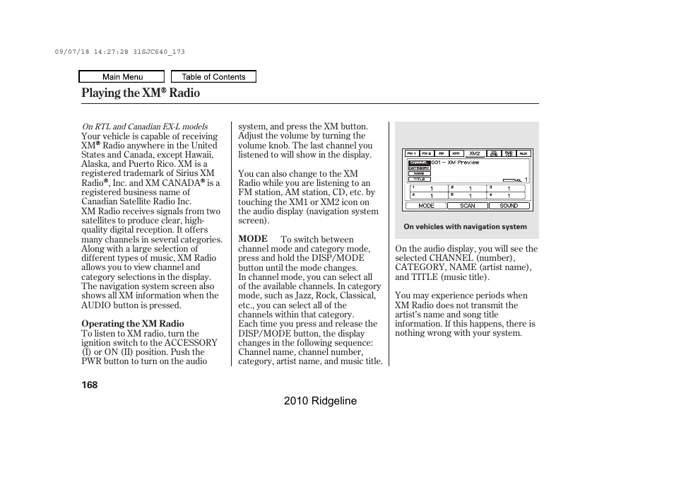 Playing the xm radio | HONDA 2010 Ridgeline User Manual | Page 172 / 423