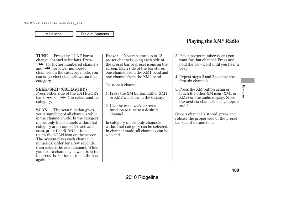 Playing the xm radio | HONDA 2010 Ridgeline User Manual | Page 173 / 423