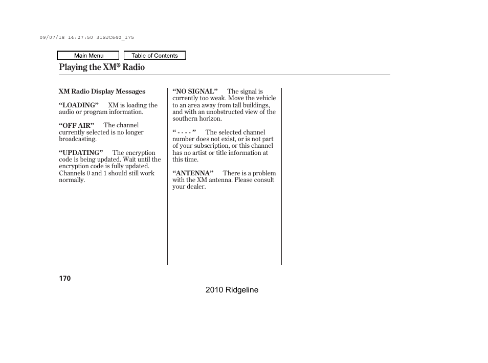 Playing the xm radio | HONDA 2010 Ridgeline User Manual | Page 174 / 423