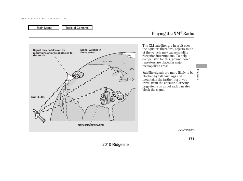 Playing the xm radio, 2010 ridgeline | HONDA 2010 Ridgeline User Manual | Page 175 / 423