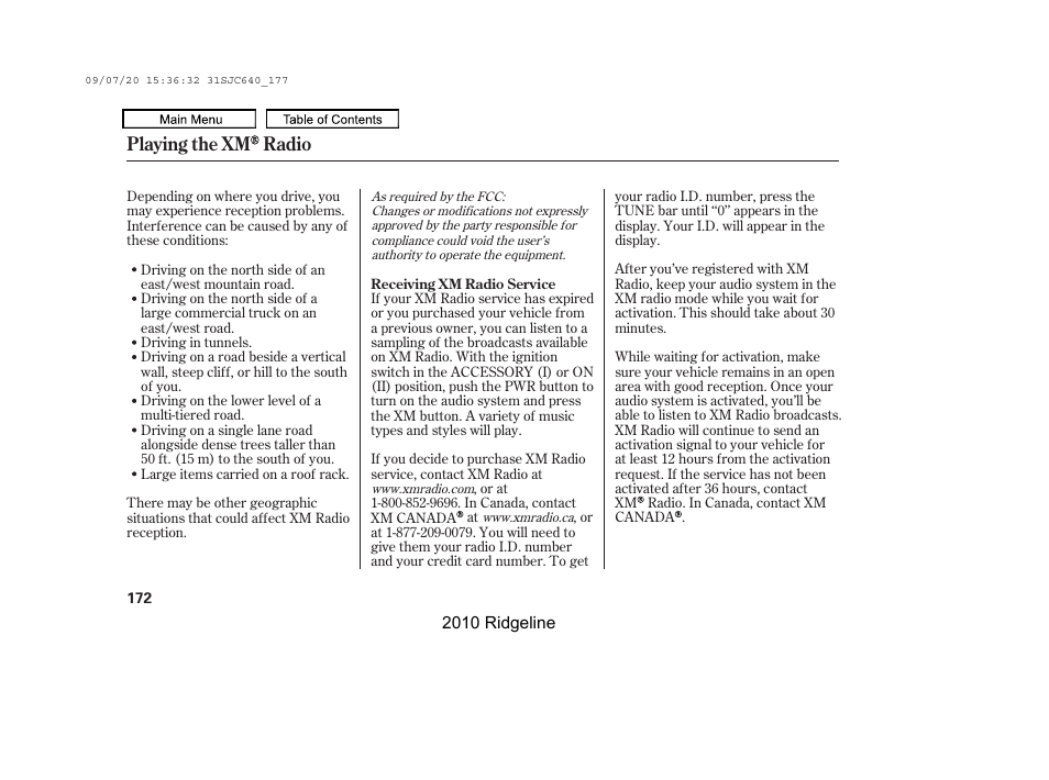 Playing the xm radio | HONDA 2010 Ridgeline User Manual | Page 176 / 423