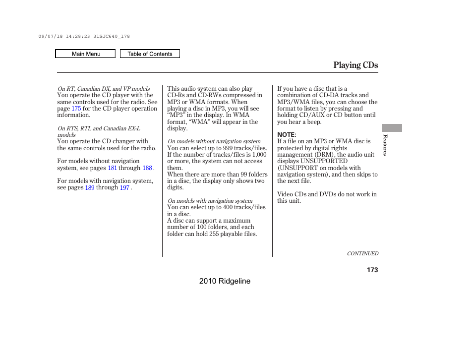 Playing cds | HONDA 2010 Ridgeline User Manual | Page 177 / 423