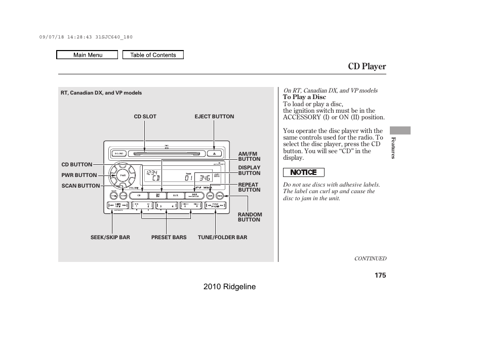 Cd player, 2010 ridgeline | HONDA 2010 Ridgeline User Manual | Page 179 / 423