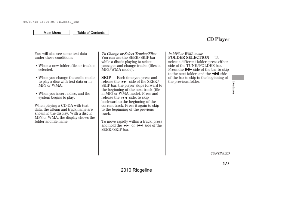 Cd player | HONDA 2010 Ridgeline User Manual | Page 181 / 423