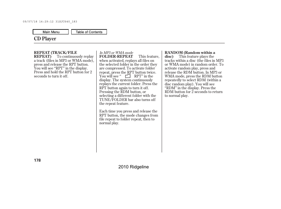 Cd player | HONDA 2010 Ridgeline User Manual | Page 182 / 423