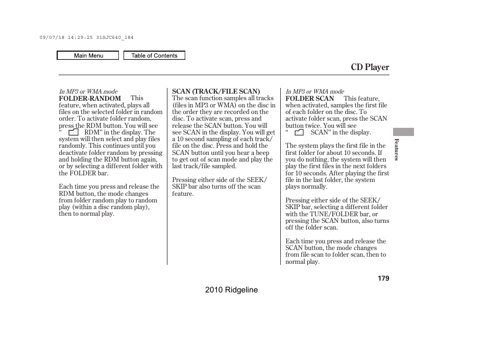 Cd player | HONDA 2010 Ridgeline User Manual | Page 183 / 423