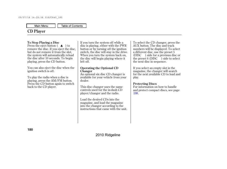 Cd player | HONDA 2010 Ridgeline User Manual | Page 184 / 423