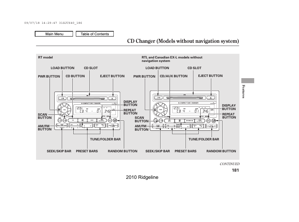 Cd changer (models without navigation system), 2010 ridgeline | HONDA 2010 Ridgeline User Manual | Page 185 / 423